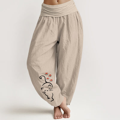 Buddha Stones Pure Cotton Cat Line Cartoon Pattern Women's Elastic Waist Harem Pants - Tan - US16，UK/AU20，EU48 (3XL) - image 0