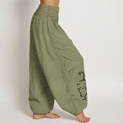 Buddha Stones Pure Cotton Cat Line Cartoon Pattern Women's Elastic Waist Harem Pants - image 16