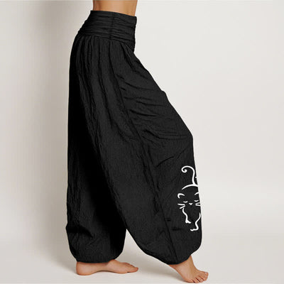Buddha Stones Pure Cotton Cat Line Cartoon Pattern Women's Elastic Waist Harem Pants - image 7