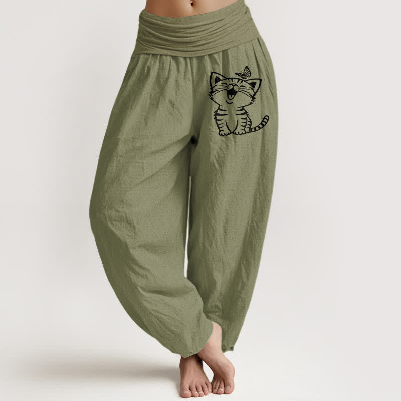 Buddha Stones Pure Cotton Cat Butterfly Pattern Women's Elastic Waist Harem Pants - OliveDrab - US16，UK/AU20，EU48 (3XL) - image 11