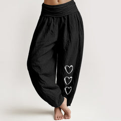 Buddha Stones Pure Cotton Three Love Heart Pattern Women's Elastic Waist Harem Pants - Black - US16，UK/AU20，EU48 (3XL) - image 0
