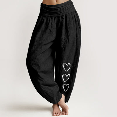 Buddha Stones Pure Cotton Three Love Heart Pattern Women's Elastic Waist Harem Pants - Black - US16，UK/AU20，EU48 (3XL) - image 0
