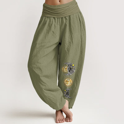 Buddha Stones Pure Cotton Sun and Moon Pattern Women's Elastic Waist Harem Pants - OliveDrab - US16，UK/AU20，EU48 (3XL) - image 11