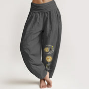 Foviel Pure Cotton Sun and Moon Pattern Women's Elastic Waist Harem Pants