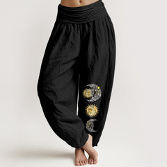 Buddha Stones Pure Cotton Sun and Moon Pattern Women's Elastic Waist Harem Pants - Black - US16，UK/AU20，EU48 (3XL) - image 0