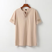 Foviel Summer Tang Style Frog Button Auspicious Clouds Embroidery Solid Men's Short Sleeve Shirts
