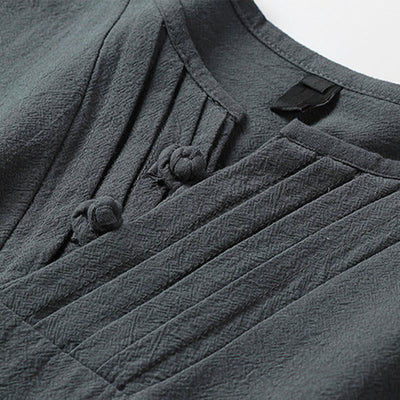 Buddha Stones Summer Tang Style Frog Button Auspicious Clouds Embroidery Solid Men's Short Sleeve Shirts - image 4