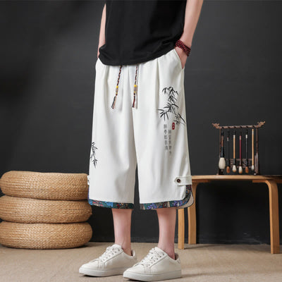 Buddha Stones Summer Tang Style Casual Drawstring Bamboo Print Half Pants Men's Straight Leg Pants With Pocket - White - US/UK/AU46, EU56 (4XL) - image 14
