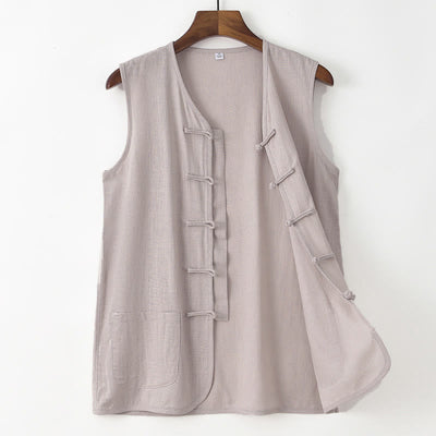 Buddha Stones Summer Tang Style Casual Frog Button Solid Tank Top Men's Sleeveless Shirts With Pocket - LightGrey - US/UK/AU48, EU58 (4XL) - image 1