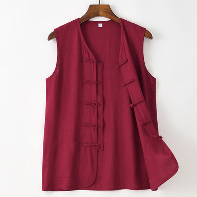 Buddha Stones Summer Tang Style Casual Frog Button Solid Tank Top Men's Sleeveless Shirts With Pocket - Firebrick - US/UK/AU48, EU58 (4XL) - image 5