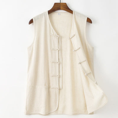 Buddha Stones Summer Tang Style Casual Frog Button Solid Tank Top Men's Sleeveless Shirts With Pocket - Beige - US/UK/AU48, EU58 (4XL) - image 2