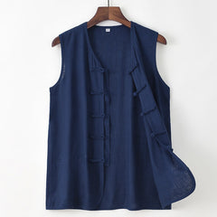 Buddha Stones Summer Tang Style Casual Frog Button Solid Tank Top Men's Sleeveless Shirts With Pocket - Navy - US/UK/AU48, EU58 (4XL) - image 0