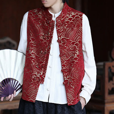 Buddha Stones Fall Tang Style Vintage Mandarin Collar Frog Button Abstract Jacquard Men's Sleeveless Shirts - image 14