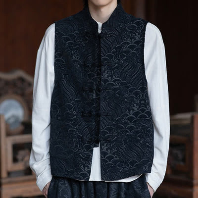 Buddha Stones Fall Tang Style Vintage Mandarin Collar Frog Button Abstract Jacquard Men's Sleeveless Shirts - image 1