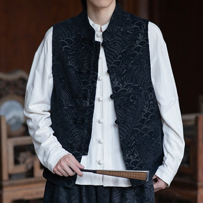 Buddha Stones Fall Tang Style Vintage Mandarin Collar Frog Button Abstract Jacquard Men's Sleeveless Shirts - image 2
