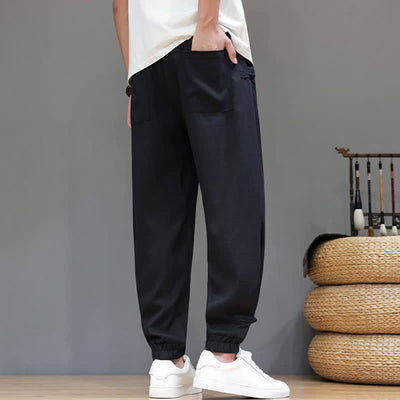 Buddha Stones Spring Summer Casual Minimalist Drawstring Elastic Waist Solid Cropped Pants Men's Tapered Pants With Pocket - image 16
