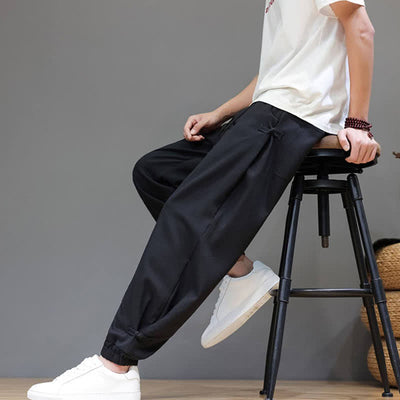 Buddha Stones Spring Summer Casual Minimalist Drawstring Elastic Waist Solid Cropped Pants Men's Tapered Pants With Pocket - image 20
