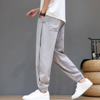 Buddha Stones Spring Summer Casual Minimalist Drawstring Elastic Waist Solid Cropped Pants Men's Tapered Pants With Pocket - image 26