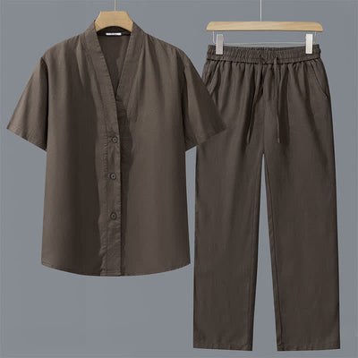 Buddha Stones 2Pcs Spring Summer Casual Minimalist Button-Up Shirt Drawstring Pants Solid Men's Meditation Cloth With Pockets - Brown Shirt+Brown Pants - US/UK/AU42，EU52 (3XL) - image 1