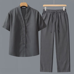 Buddha Stones 2Pcs Spring Summer Casual Minimalist Button-Up Shirt Drawstring Pants Solid Men's Meditation Cloth With Pockets - Dark Gray Shirt+Dark Gray Pants - US/UK/AU42，EU52 (3XL) - image 0
