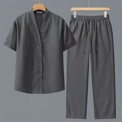 Buddha Stones 2Pcs Spring Summer Casual Minimalist Button-Up Shirt Drawstring Pants Solid Men's Meditation Cloth With Pockets - Dark Gray Shirt+Dark Gray Pants - US/UK/AU42，EU52 (3XL) - image 0