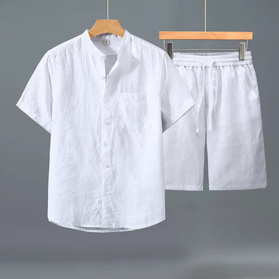 Buddha Stones 2Pcs Summer Casual Tang Style Button-Up Short Sleeve Shirt Shorts Solid Linen Men's Meditation Cloth With Pocket - White Shirt+White Pants - US/UK/AU42，EU52 (3XL) - image 7
