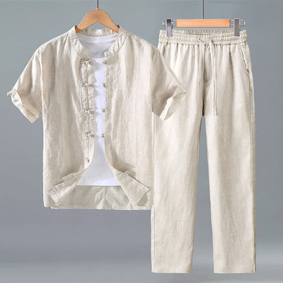 Buddha Stones 2Pcs Summer Tang Style Meditation Frog Button Short Sleeve Shirt Pants Solid Linen Men's Meditation Cloth - Linen - US/UK/AU42，EU52 (3XL) - image 0