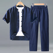 Foviel 2Pcs Summer Tang Style Meditation Frog Button Short Sleeve Shirt Pants Solid Linen Men's Meditation Cloth