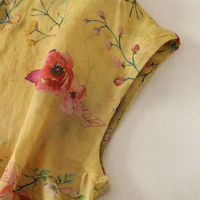 Buddha Stones Summer Vintage Tang Style Frog Button Red Floral Tank Top Women's Sleeveless Shirts - image 5