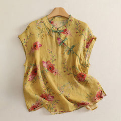 Buddha Stones Summer Vintage Tang Style Frog Button Red Floral Tank Top Women's Sleeveless Shirts - Khaki - US12, UK/AU16, EU44 (2XL) - image 0