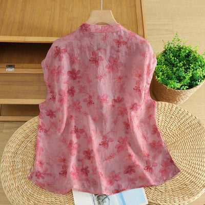 Buddha Stones Summer Tang Style Casual Mandarin Collar Pink Floral Tank Top Women's Sleeveless Shirts - image 1