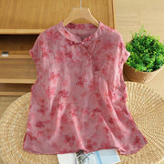 Foviel Sommer Tang Style Casual Mandarin Kragen Rosa Floral Tank Top Damen Ärmellose Hemden