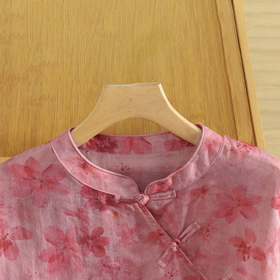 Buddha Stones Summer Tang Style Casual Mandarin Collar Pink Floral Tank Top Women's Sleeveless Shirts - image 3
