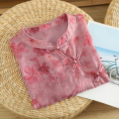 Buddha Stones Summer Tang Style Casual Mandarin Collar Pink Floral Tank Top Women's Sleeveless Shirts - image 2