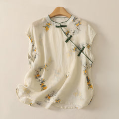 Buddha Stones Summer Tang Style Vintage Mandarin Collar Yellow Loquat Floral Tank Top Women's Sleeveless Shirts - Beige - Sleeveless - US12，UK/AU16，EU44 (2XL) - image 0