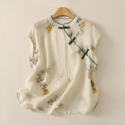 Buddha Stones Summer Tang Style Vintage Mandarin Collar Yellow Loquat Floral Tank Top Women's Sleeveless Shirts - Beige - Sleeveless - US12，UK/AU16，EU44 (2XL) - image 0