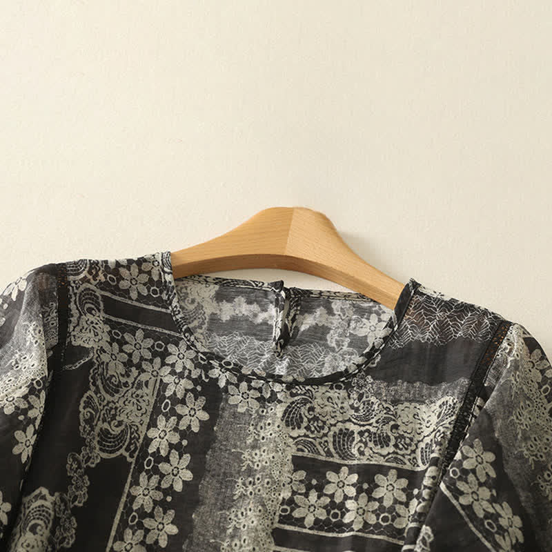 Buddha Stones Summer Casual Vintage Black Floral Patchwork Women's Short Sleeve Shirts - image 2