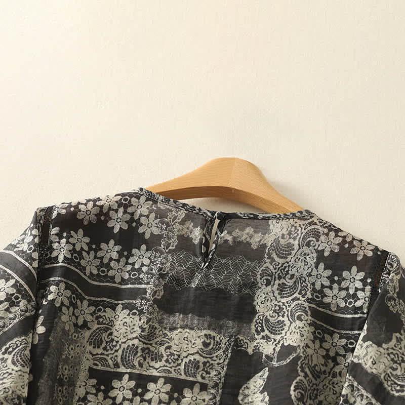 Buddha Stones Summer Casual Vintage Black Floral Patchwork Women's Short Sleeve Shirts - image 3