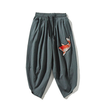 Buddha Stones Summer Tang Style Drawstring Koi Fish Capri Pants Men's Harem Pants With Pocket - CadetBlue - US/UK/AU46, EU56 (5XL) - image 14