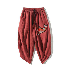 Buddha Stones Summer Tang Style Drawstring Koi Fish Capri Pants Men's Harem Pants With Pocket - IndianRed - US/UK/AU46, EU56 (5XL) - image 0