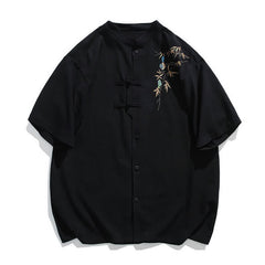 Buddha Stones Summer Tang Style Mandarin Collar Frog Button Leaf Embroidery Men's Short Sleeve Shirts - Black - US/UK/AU46, EU56 (5XL) - image 0