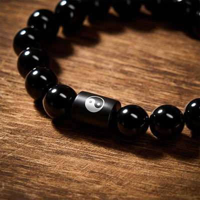 Buddha Stones Ebony Wood Yin Yang Balance Inlaid Barrel Bead Bracelet - image 12