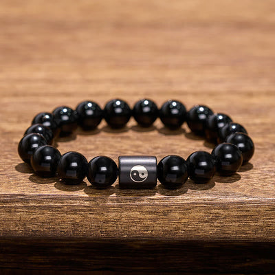 Buddha Stones Ebony Wood Yin Yang Balance Inlaid Barrel Bead Bracelet - image 9