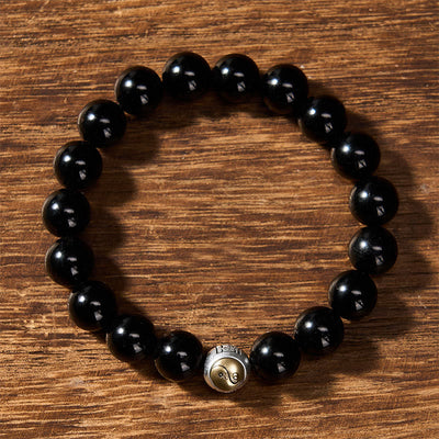 Buddha Stones Black Obsidian Yin Yang Balance Vintage Round Beaded Bracelet - image 1
