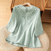 Foviel Sommer Casual Boho Geometrie Stickerei Floral V-Ausschnitt Damen Dreiviertel Ärmel Hemden