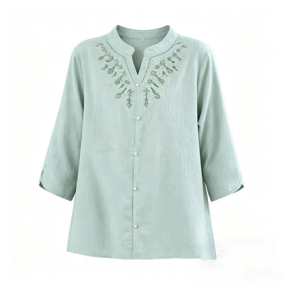 Buddha Stones Summer Casual Boho Geometry Embroidery Floral V-Neck Women's Three-Quarter Sleeve Shirts - image 6