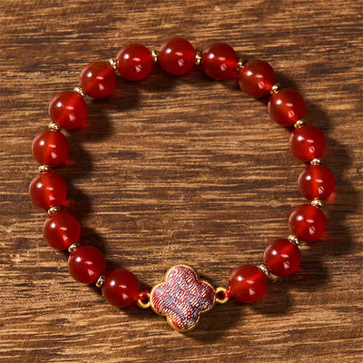 Buddha Stones Red Agate Song Brocade Four-leaf Clover Blessing Charm Bracelet - image 1