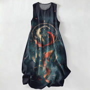 Foviel Summer Casual Twin Koi Fish Feather Pattern Women's Summer Sleeveless Midi Dress With Pockets