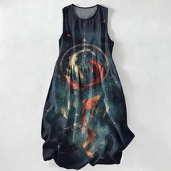 Buddha Stones Summer Casual Twin Koi Fish Feather Pattern Women's Summer Sleeveless Midi Dress With Pockets - MidnightBlue - US16，UK/AU20，EU48 (3XL) - image 0