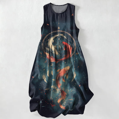 Buddha Stones Summer Casual Twin Koi Fish Feather Pattern Women's Summer Sleeveless Midi Dress With Pockets - MidnightBlue - US16，UK/AU20，EU48 (3XL) - image 0